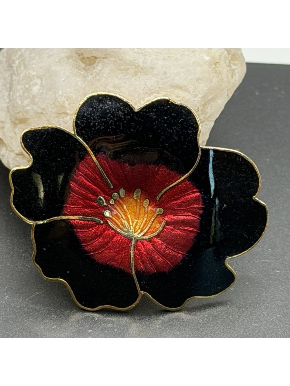 Red And Black Cloisonne Enamel Flower Pin Brooch Hibiscus 2”